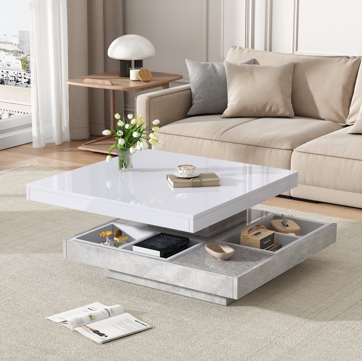 HAUSS SPOLE Salontafel - Dubbellaags Draaibaar Met Opbergruimte - Voor Woonkamer - Spaanplaat Hoogglans Wit Marmerlook - 70x70x36 Cm