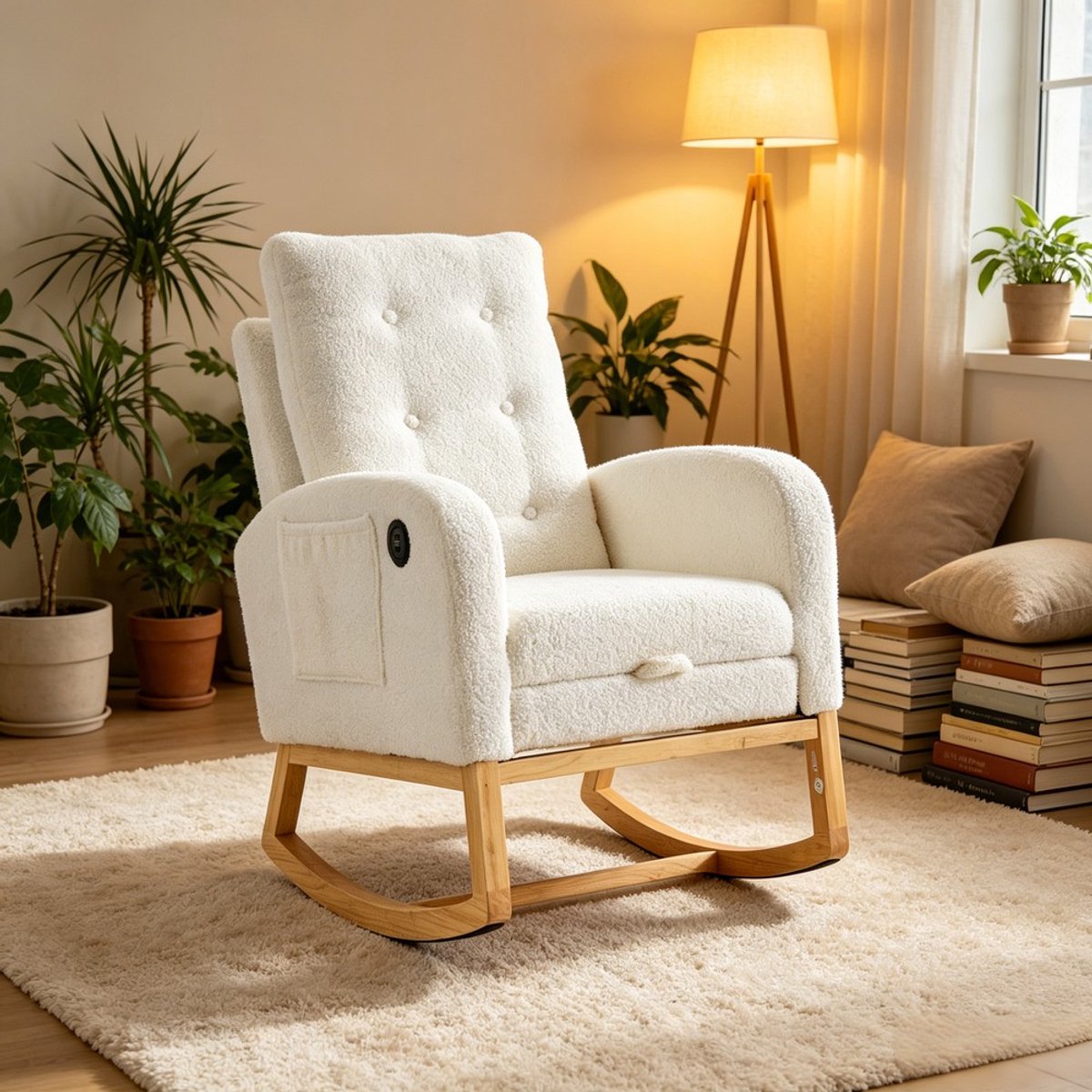 KOMHTOM Schommelstoel - Teddy Stof - Verstelbare Voetensteun - USB-Oplaadaansluiting - Zijvakken - Relaxstoel - Woonkamer Slaapkamer - Wit - 66,5 x 121,5 x 102 cm