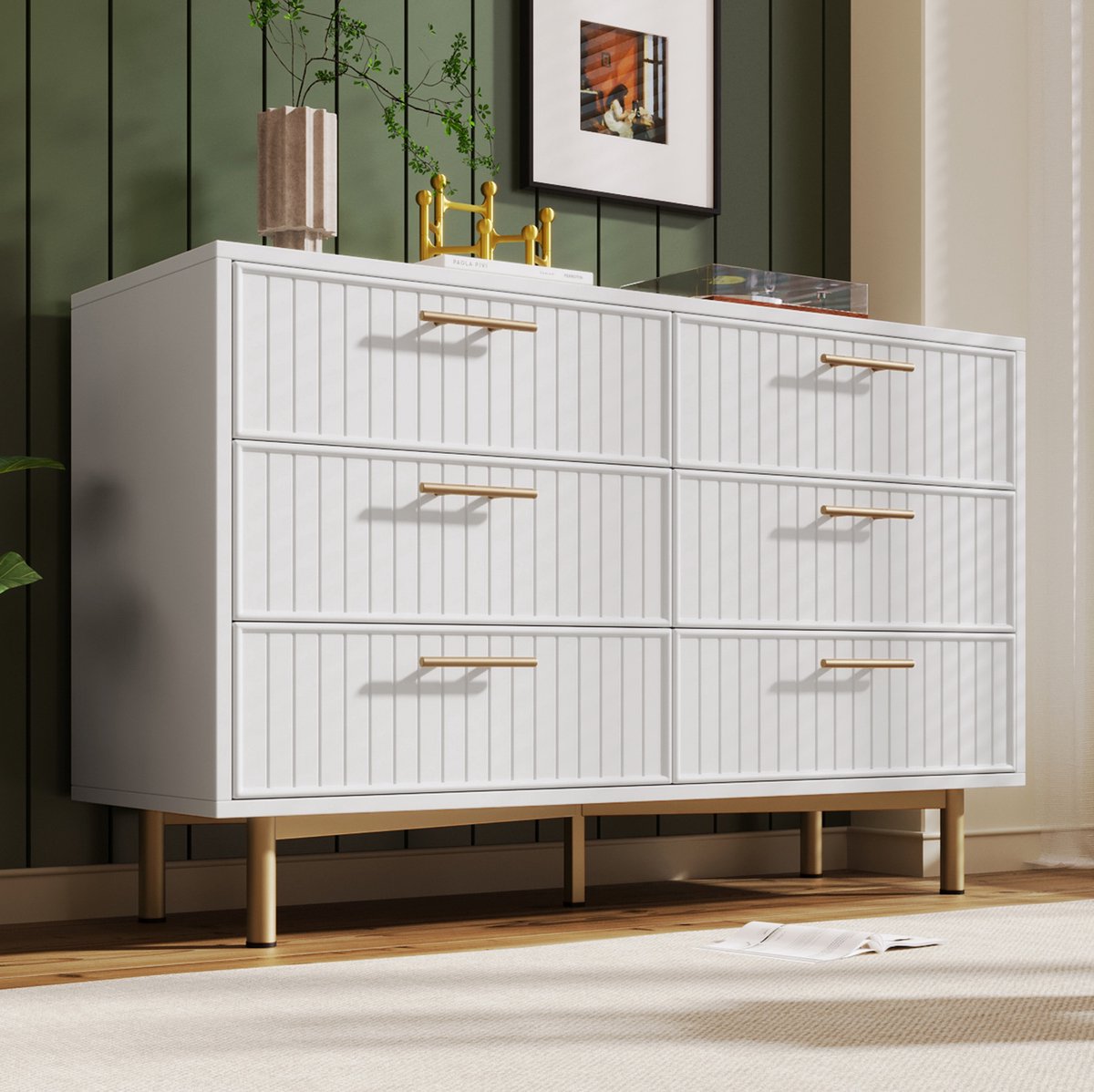 HAUSS SPOLE Dressoir - Kommode Met 6 Laden En Geribbelde Fronten - Voor Slaapkamer En Woonkamer - Spaanplaat En Metaal - 120x40x75 cm - Wit