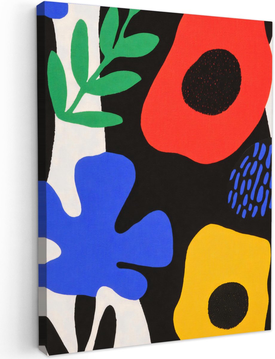 Canvas Schilderij 60x80 cm Kamer Decoratie Woonkamer Schilderijen Slaapkamer Room Decor Wanddecoratie Wall Art Painting Bloemen - Bladeren - Abstract - Zwart