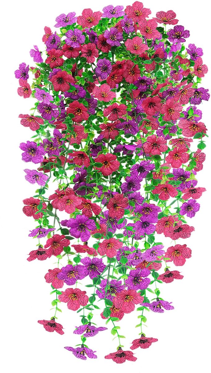 2 PCS kunstmatige hangende bloemen, UV-bestendige nep opknoping trailing muur bloemmanden kunstmatige planten voor Home Garden Yard Patio Wedding Outdoor Indoor Decor(Roze Paars)