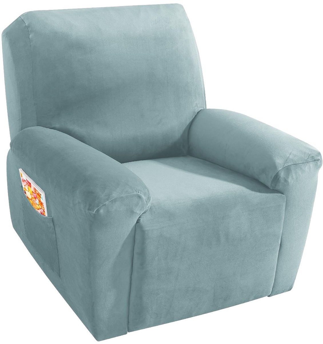 MAXIJIN 4-Delige Velvet Stretch Hoes voor Fauteuil - Dikke Zachte Stoelhoes met Zijvak (Ligstoel, Dusty Blue)