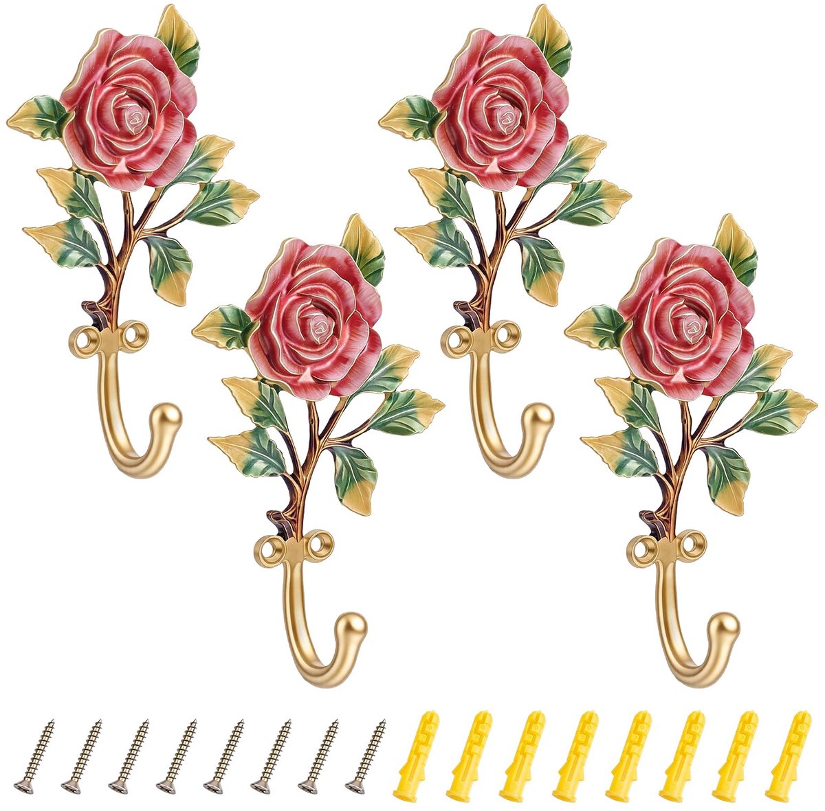 4 stuks metalen wandhaken goud 3D kleurrijke roze bloemen wandhaken decoratieve wandhaken voor badkamer entree slaapkamer jassen jassen badjassen en sleutels