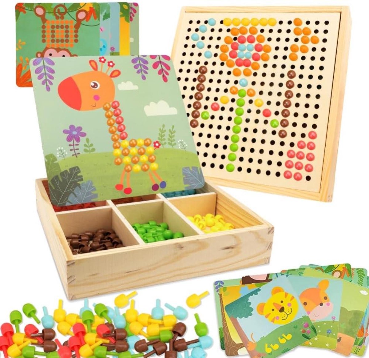 Mozaïek Steekspel Hout - Puzzel Knutselen Peuters - Creatief Spelen - Afgeronde Randen - 23 x 23 cm - Veelkleurig