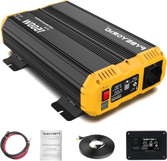 Zuivere Sinus Omvormer - Spanningsomvormer 12V 230V - Camper Stroomvoorziening - Externe LCD Controller - 1500W Piek 3000W - Zwart