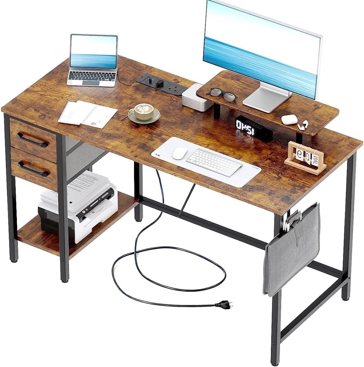 Computerbureau met laden - Thuiskantoor bureau - Georganiseerd werken - Ingebouwde stopcontacten - 120 cm breed - Bruin