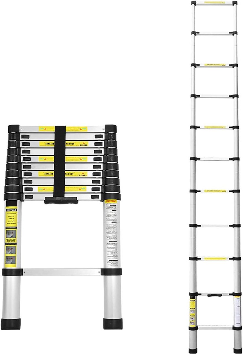 Telescopische Ladder - Inklapbare Ladder Aluminium - Kluswerk Thuis - Veiligheidspennen Vergrendeling - 32 Meter - Zilverkleurig