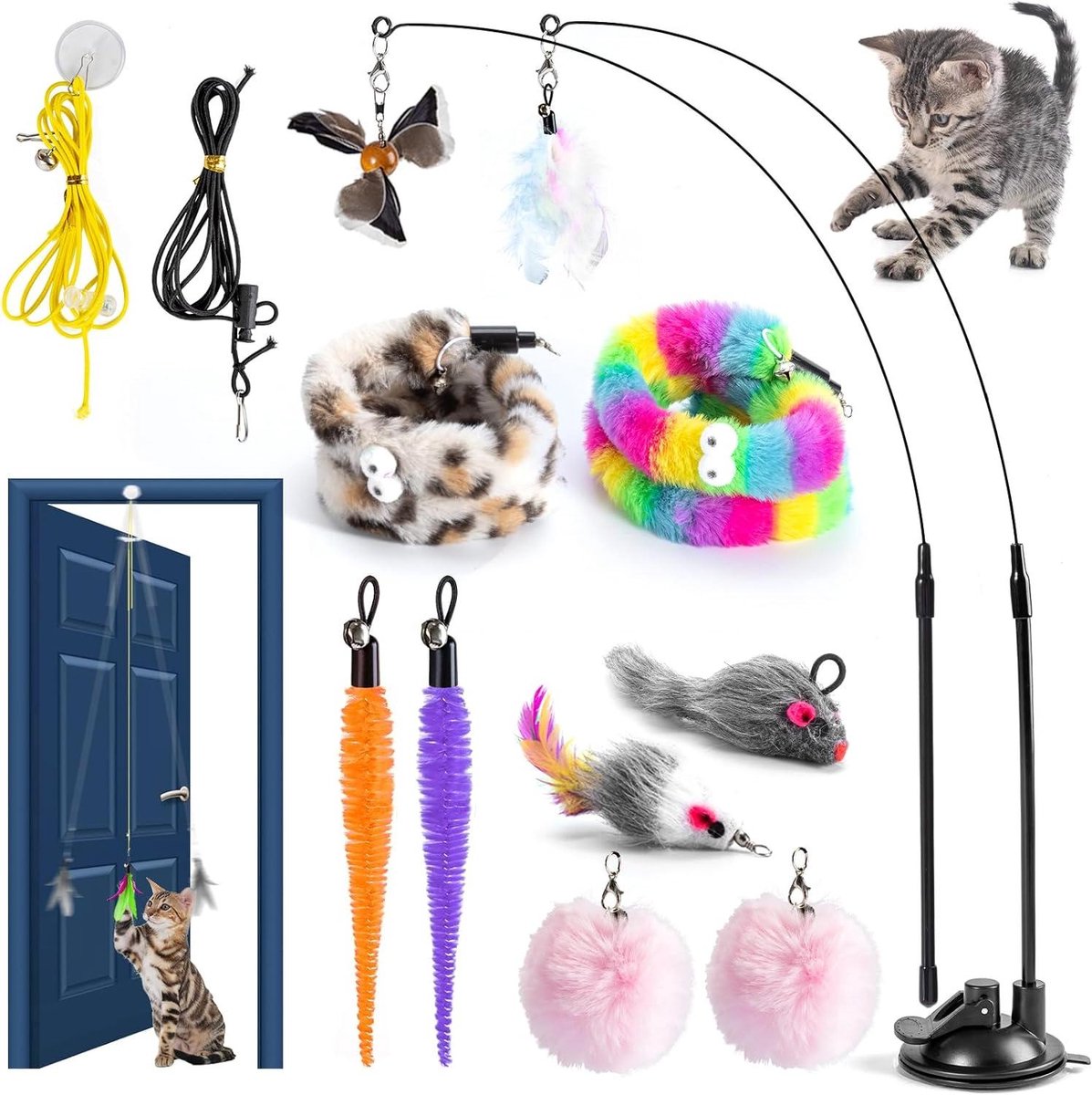 Kattenhengel met veren - Kattenspeelgoed interactief - Zelfstandig spelen - Sterke zuignap bevestiging - 2591 x 1803 x 305 cm