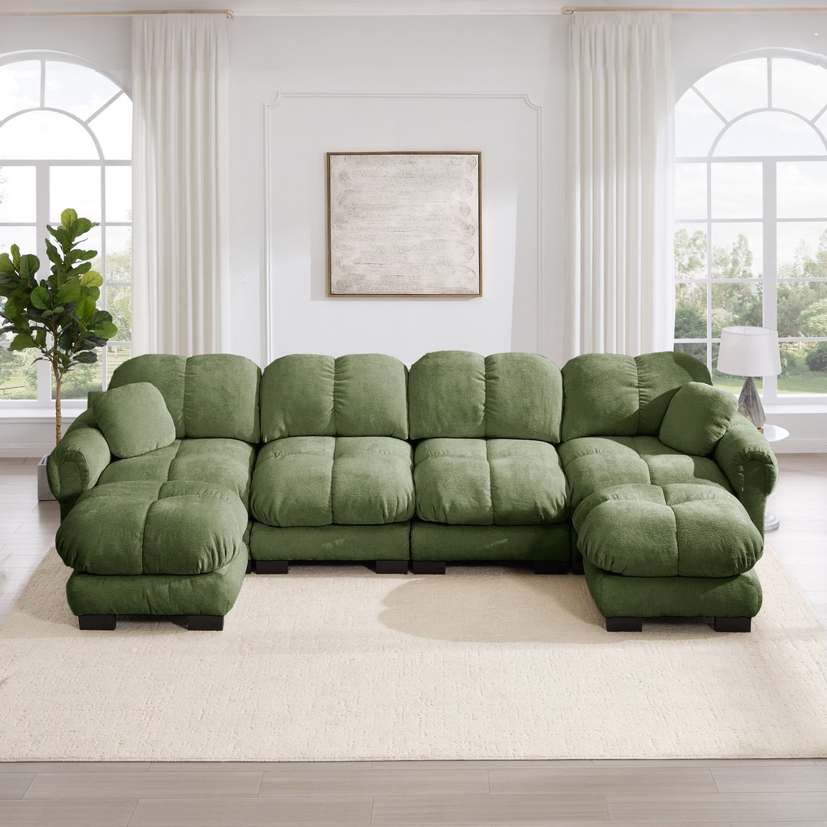 HAUSS SPOLE U-Bank - Modulaire Hoekbank Met 2 Verplaatsbare Hockers - Ergonomisch Comfort Voor Woonkamer - Chenille Groen
