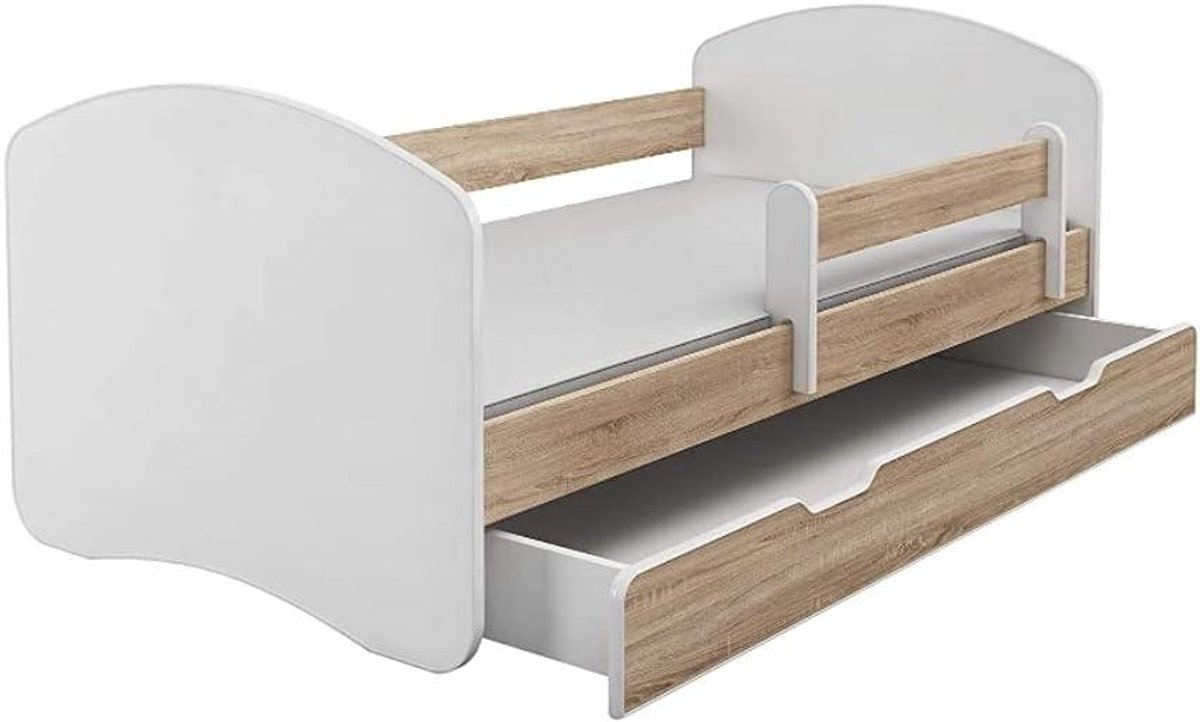 Kinderbed met lade - Tienerbed juniorbed - Veilig slapen - Afgeronde randen - 144x75x67 cm - Eiken Sonoma