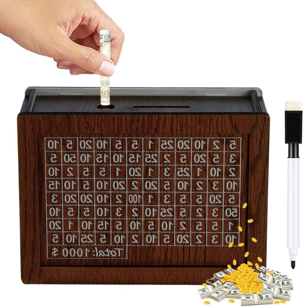Houten Spaarkist - Spaardoos Gelddoel - Geld Besparen - Met Nummers - 20 x 145 x 76 cm - Bruin