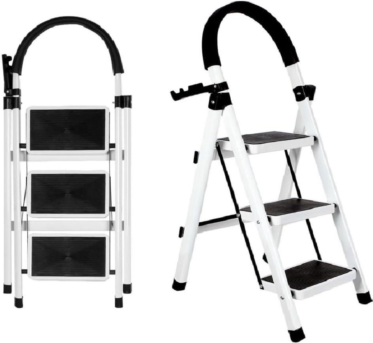 Trapladder met Werkplatform - Opvouwbare Keukentrap - Klusjes in Huis - Brede Antislip Treden - 150 kg Draaglast - Wit