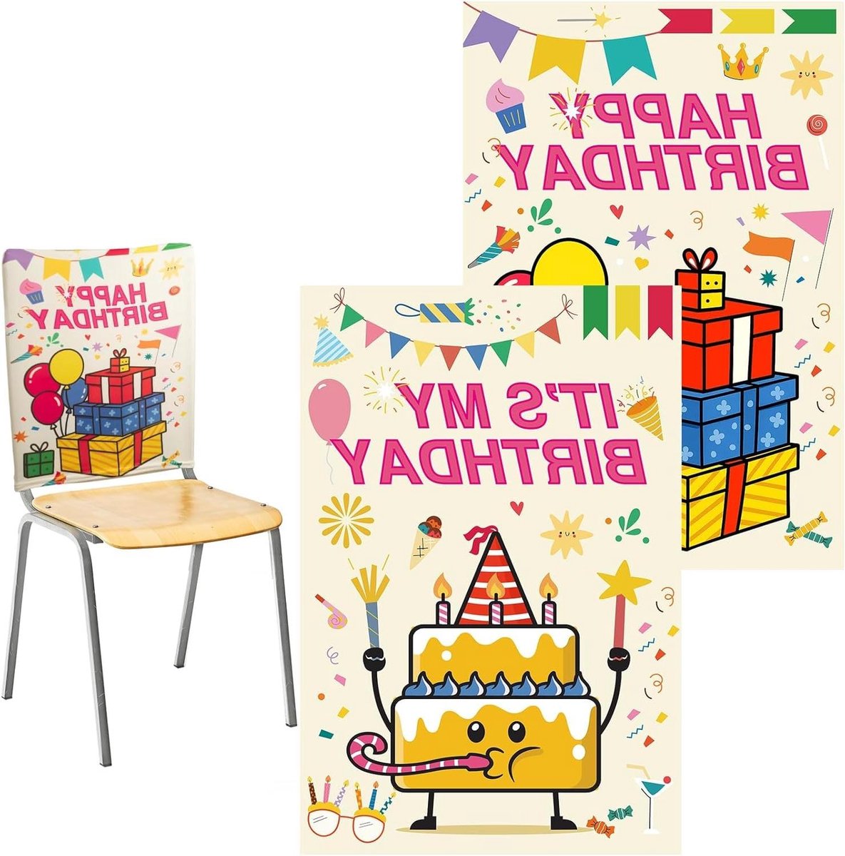Kinder Verjaardag Stoelhoezen - Stoeldecoratie Verjaardag - Feestelijke Aankleding - Dubbelzijdig Bedrukt - 60 x 50 cm - Multicolor