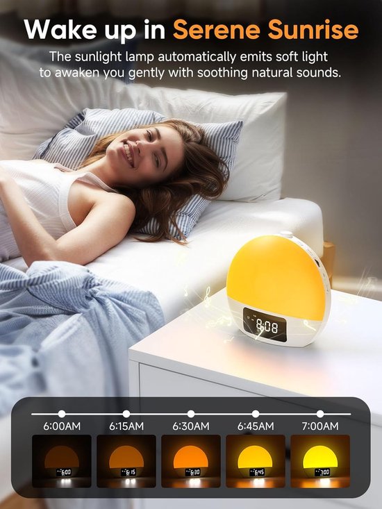 Wekker Zonsopgang - Weklicht Slaapkamer - Rustig Wakker Worden - 25 Natuurgeluiden - 16 x 7.5 cm - Wit — afbeelding 2
