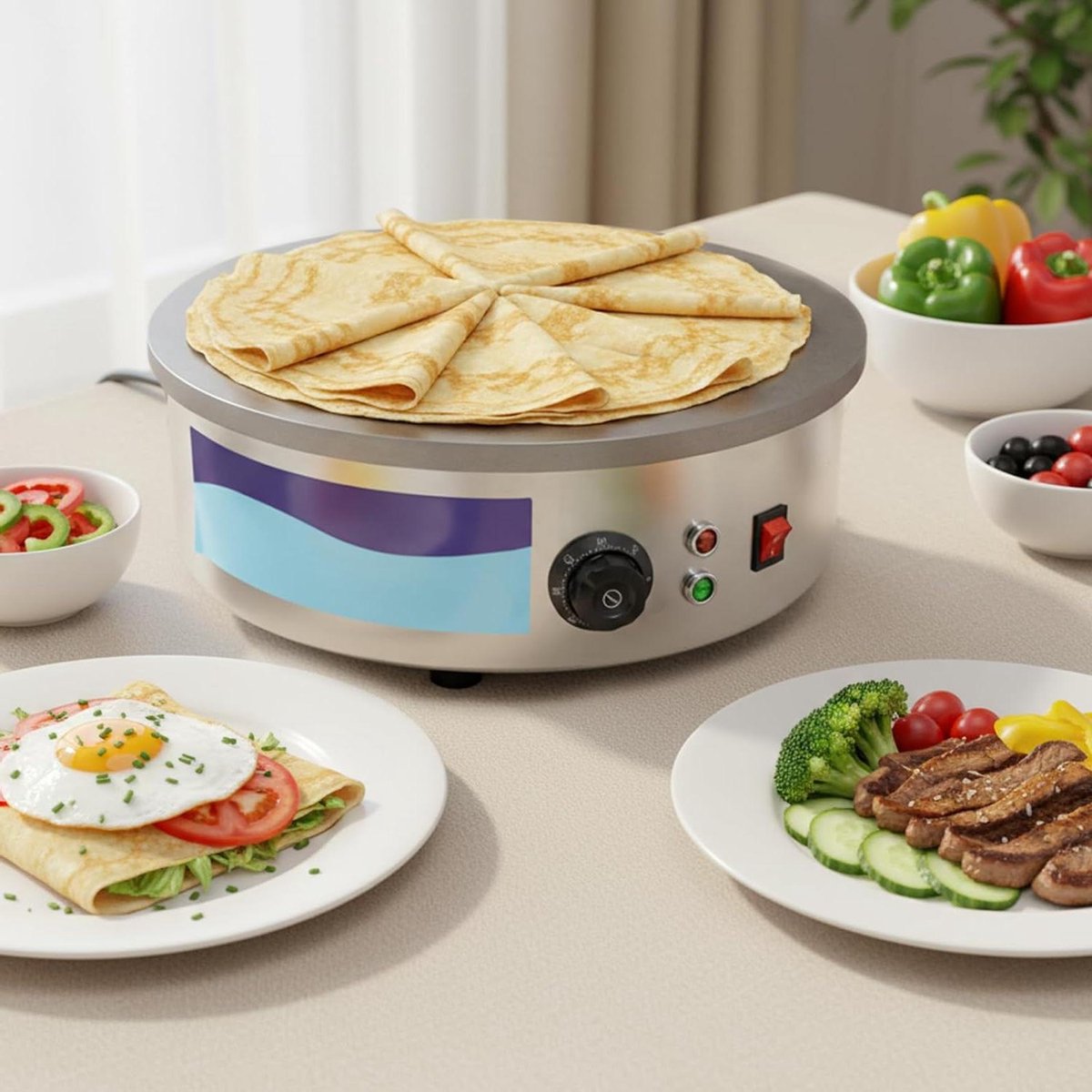 Elektrische pannenkoekenmaker crêpemachine bakplaat Gözleme Yufka bakken 45 cm gietijzeren plaat 3000 W Zilver