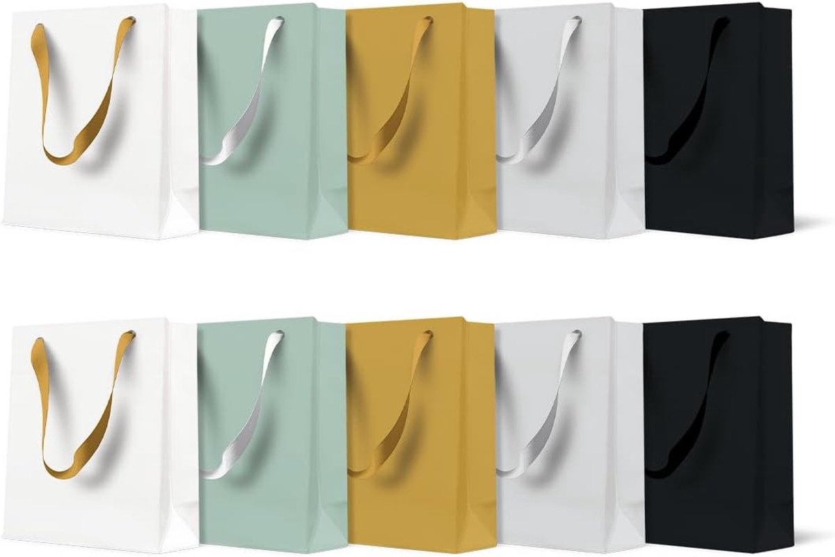 - Geschenkzakjes 10 x 12 x 6,5 cm - Verpakking met 10 Geschenkzakjes met Stoffen Handvat, Mix van 5 Effen Kleuren, Elegante Tassen voor Verjaardagen, Bruiloften, Babyfeestjes en Geschenken