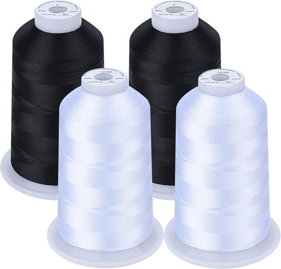 Machinaal borduurgaren 5000 m spoelen set polyester borduurgaren voor borduurmachine en naaimachine (2 wit en 2 zwart)