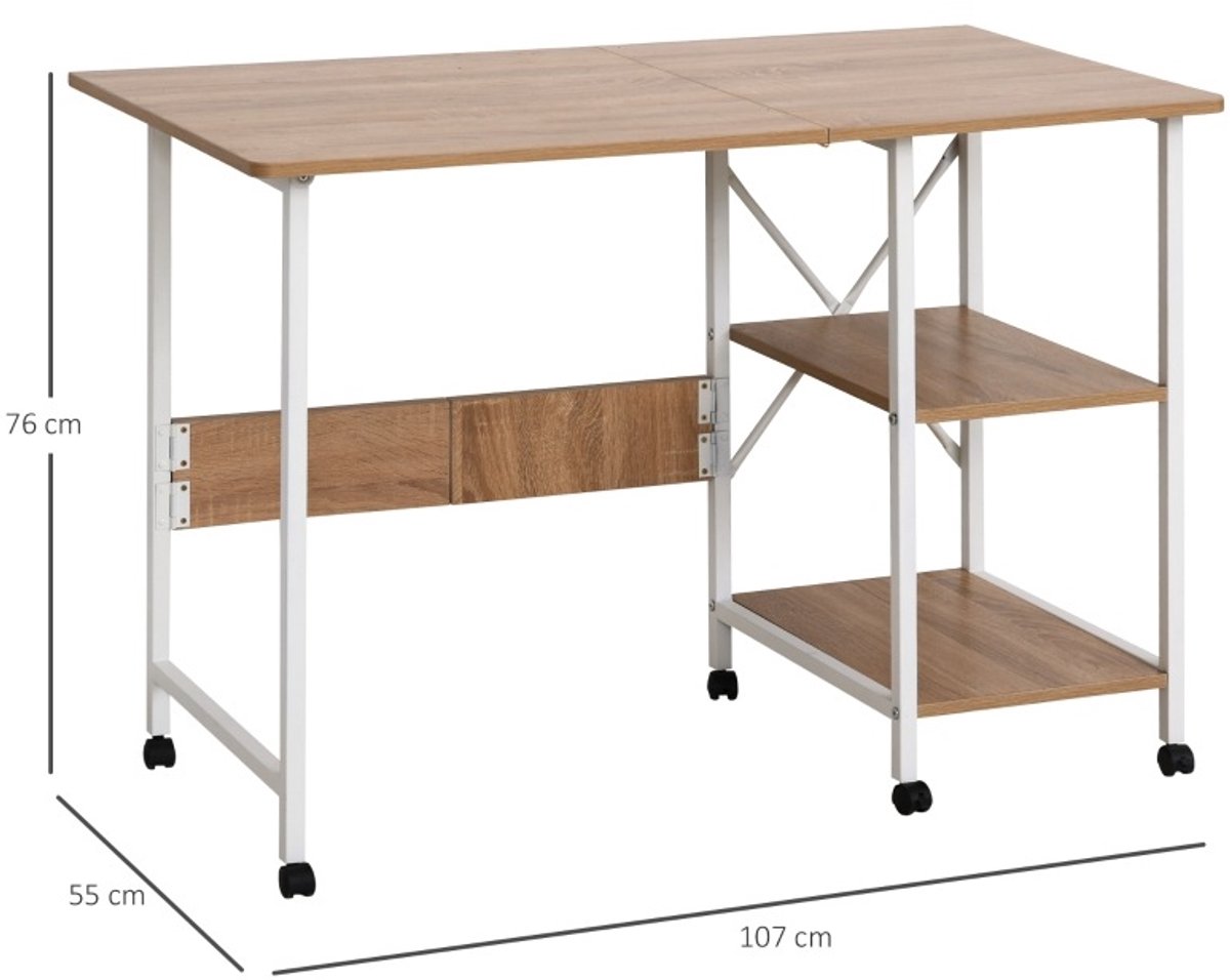 MEUNIQ inklapbaar bureau 107 x 55 x 76 cm met wielen en open opbergrek, computertafel voor werkkamer, slaapkamer of studentenkamer, wit