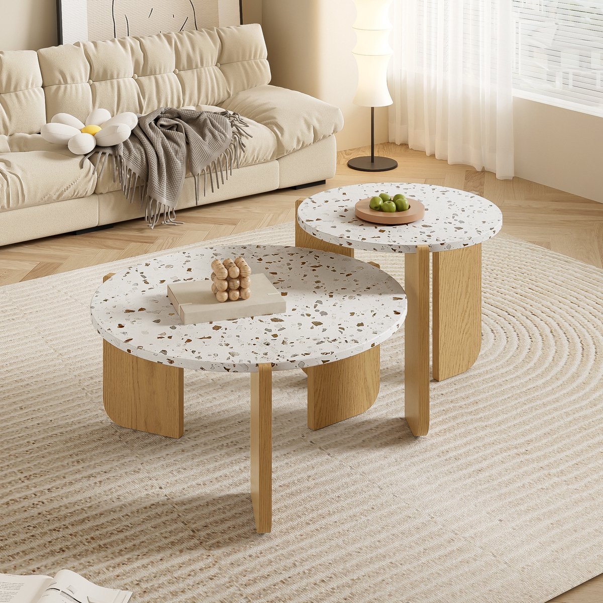 HAUSS SPOLE Salontafel - Nestbare Set Van 2 Bijzettafels - Voor Woonkamer, Sofa En Balkon - MDF - 70x70x35 En 50x50x45,5 Cm - Wit Naturel