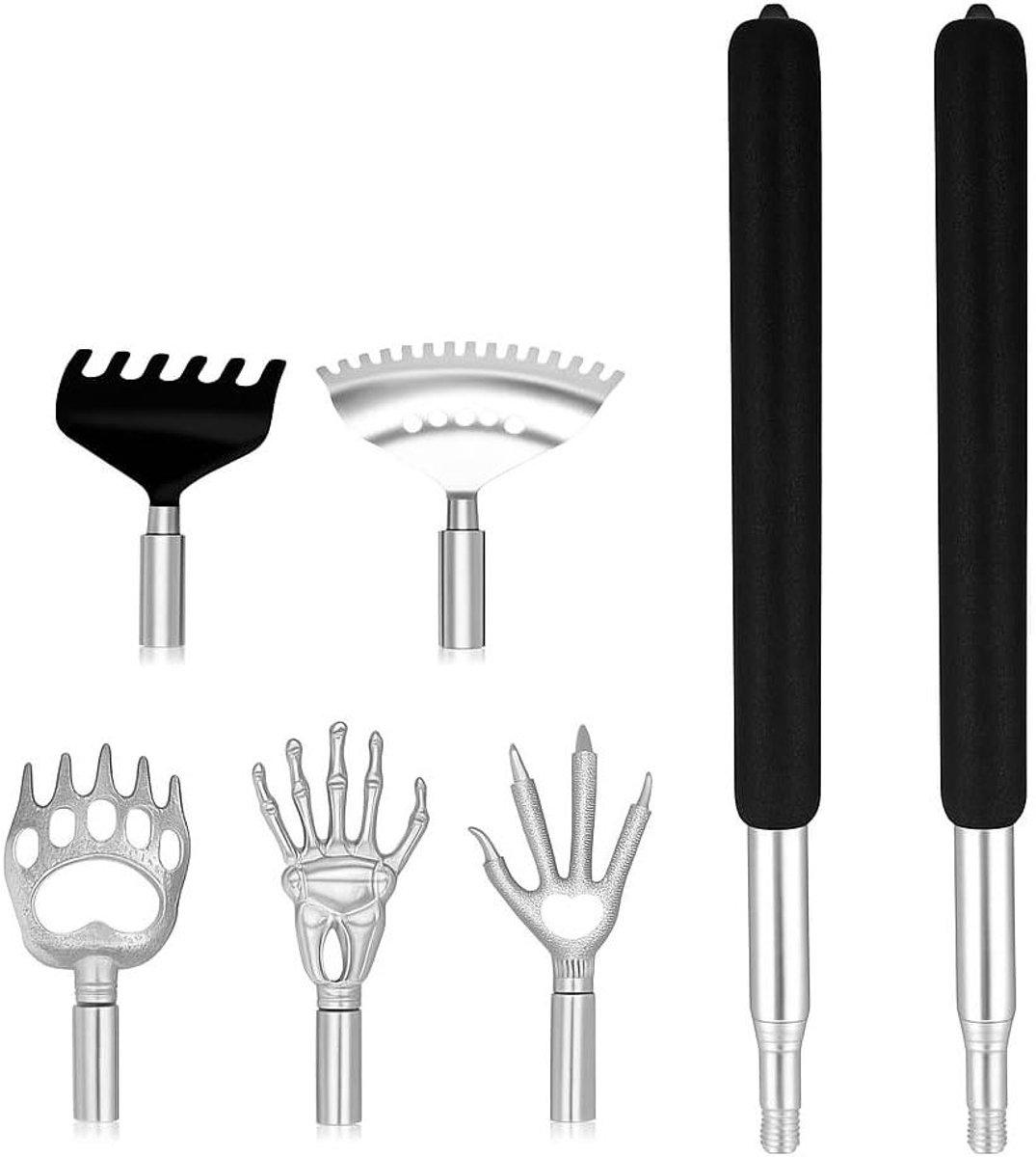 Telescopische rugkrabber - Uitschuifbare krabtang - Jeuk Verlichten - 5 Verwisselbare Koppen - 16.5-53.5 cm - Zwart Zilver