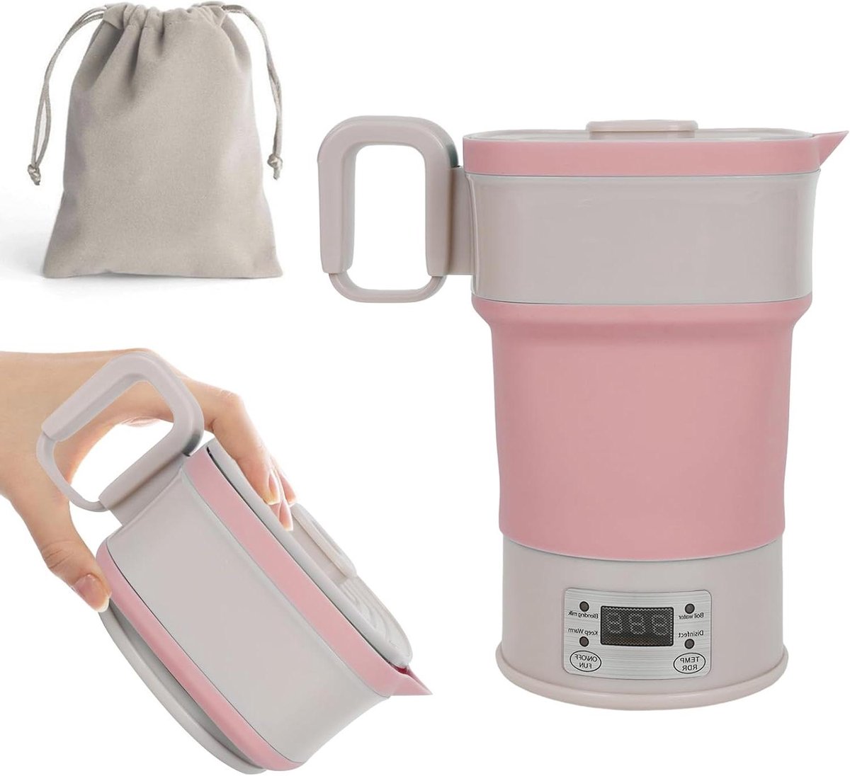 Opvouwbare waterkoker - Reis waterkoker - Koken voor onderweg - Instelbare temperatuur - 800 ml capaciteit - Roze