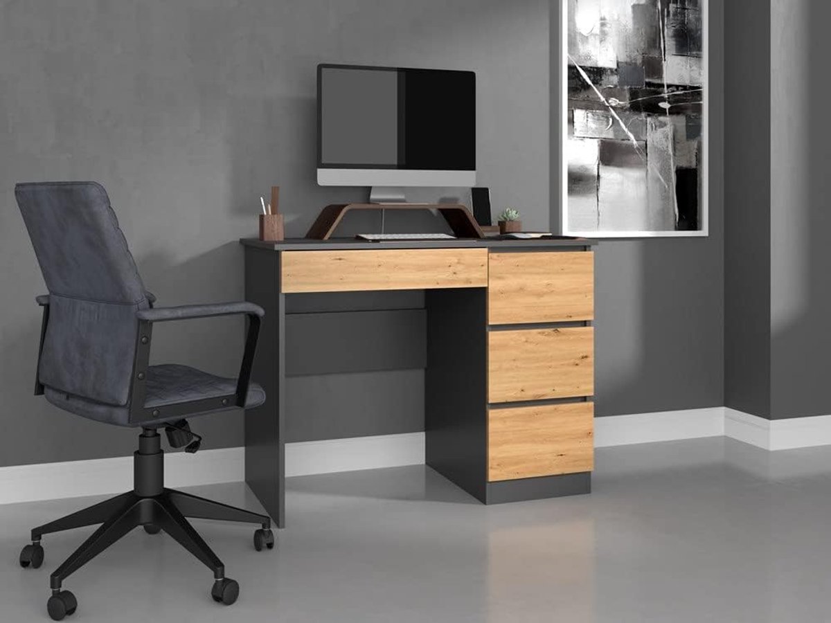Computertafel met laden - Bureau werktafel - Thuiswerken studeren - Vier opbergvakken - 98 x 51 cm - Antraciet eiken