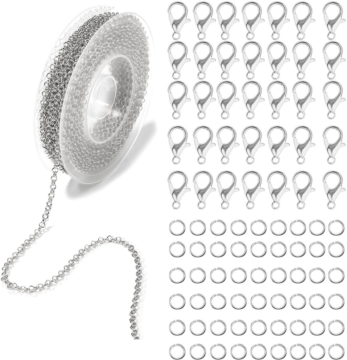 Schakelketting, koper, legering, doe-het-zelf schakelketting met 50 karabijnsluiting van 12 mm en 100 buigringen van 4 mm, voor mannen en vrouwen, sieraden, zilver