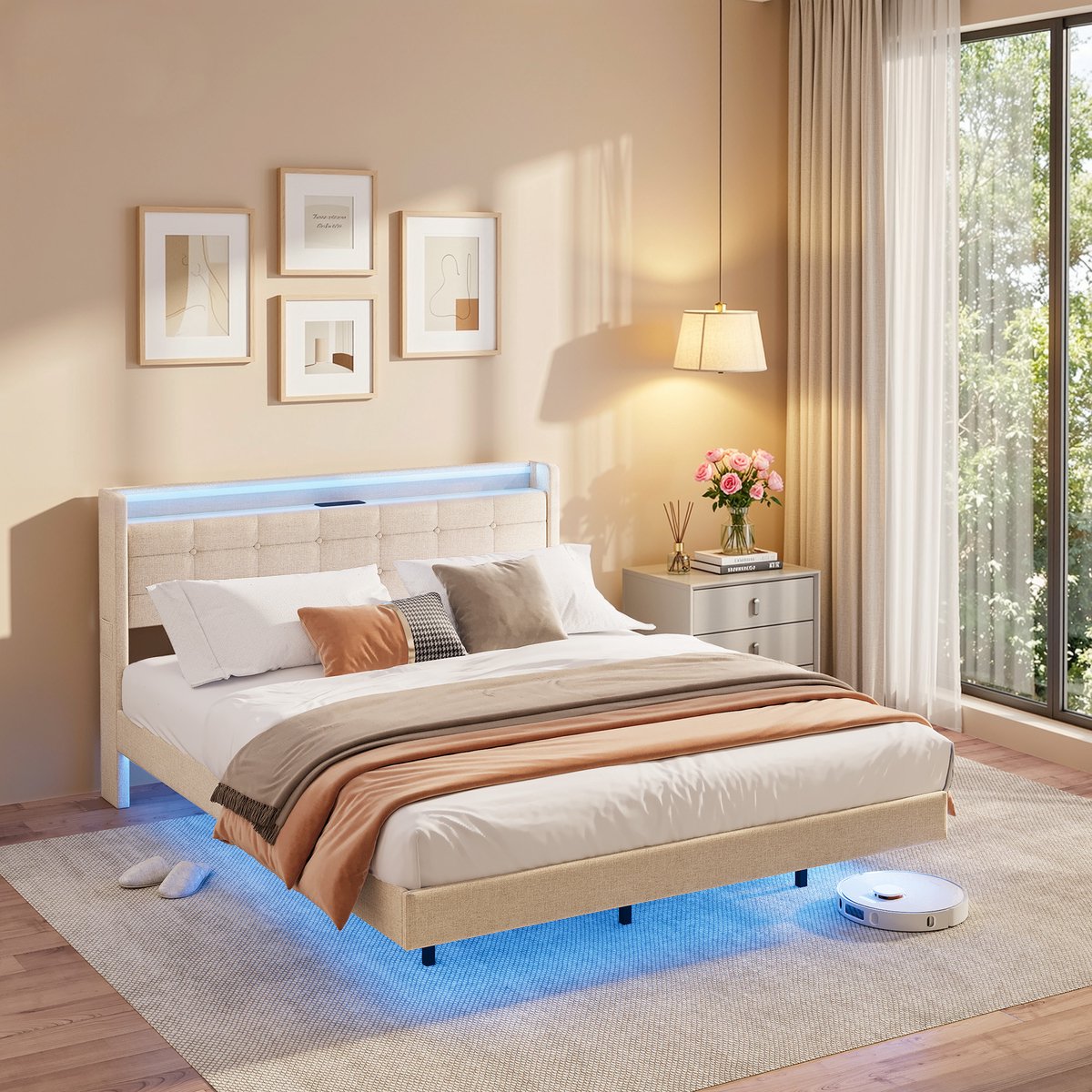 Bealife BF30 Bed - 160 x 200 cm - Gestoffeerd bed - Tweepersoonsbed - Zwevend Design - met LED-verlichting - Stopcontacten, USB & Type-C - Hoofdbord met Opbergruimte - Beige