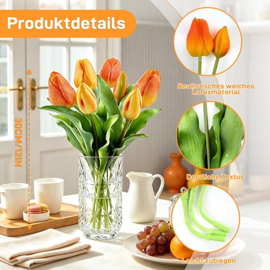 Kunsttulpen, oranje, 7 stuks, kunsttulpen, latex, hoogwaardige kunsttulpen met knoppen/bloemen, tulpen zoals echt voor doe-het-zelf, bruiloftsboeketten, Moederdag, woon-kamer, eettafel — afbeelding 2