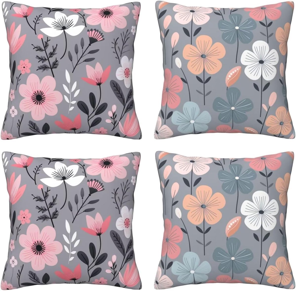 Kussenhoezen voor bank, 65 x 65 cm, set van 4, fluwelen kussenslopen met verborgen ritssluiting, roze bloemen, vierkant, voor bank, woonkamer, slaapkamer en stoel, decoratief I2147