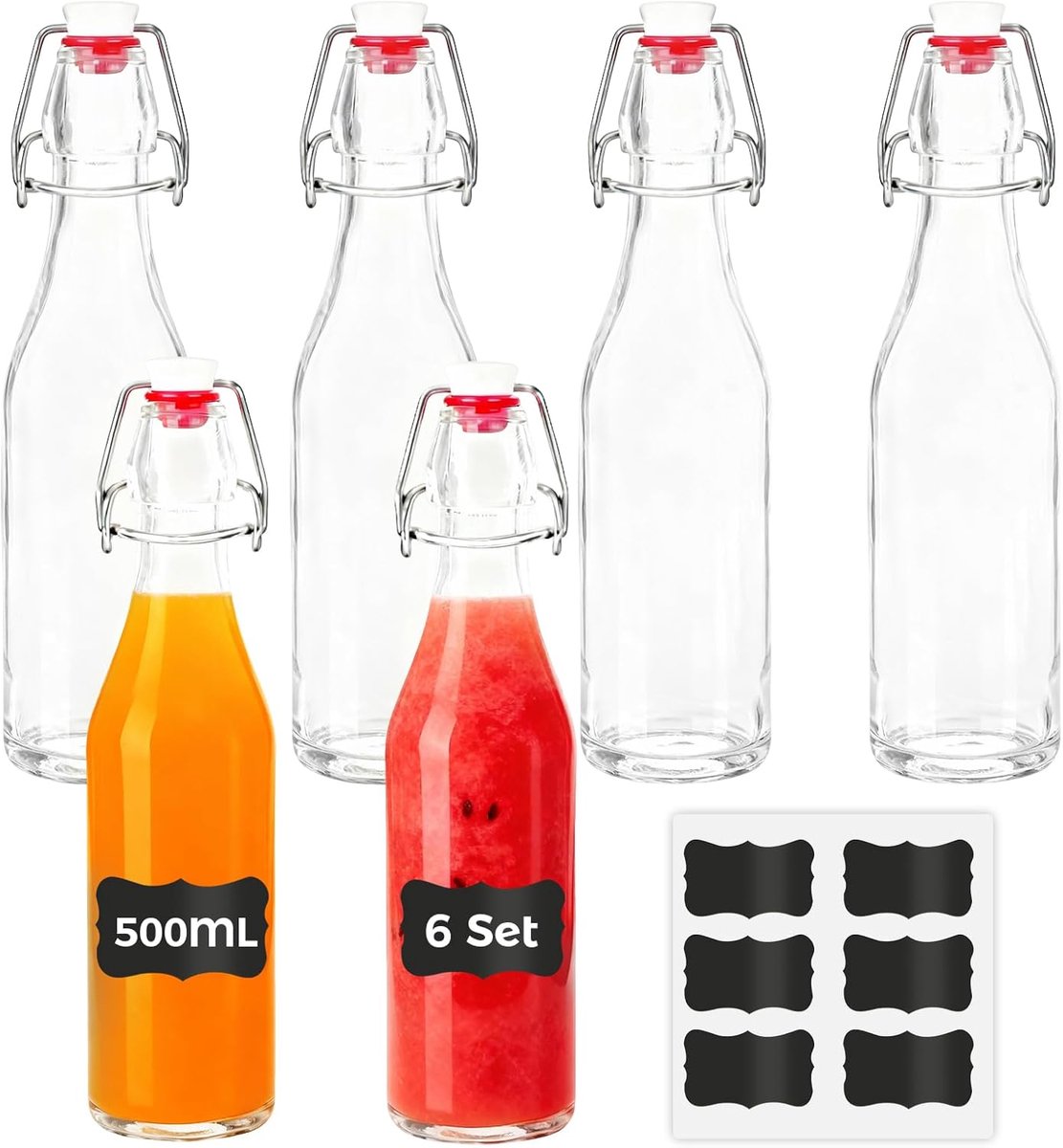 Set van 6 glazen flessen 500 ml met beugelsluiting, beugelflessen om te vullen, flessen met 6 etiketten, vulflessen voor olie, azijn, likeur, sap, siroop