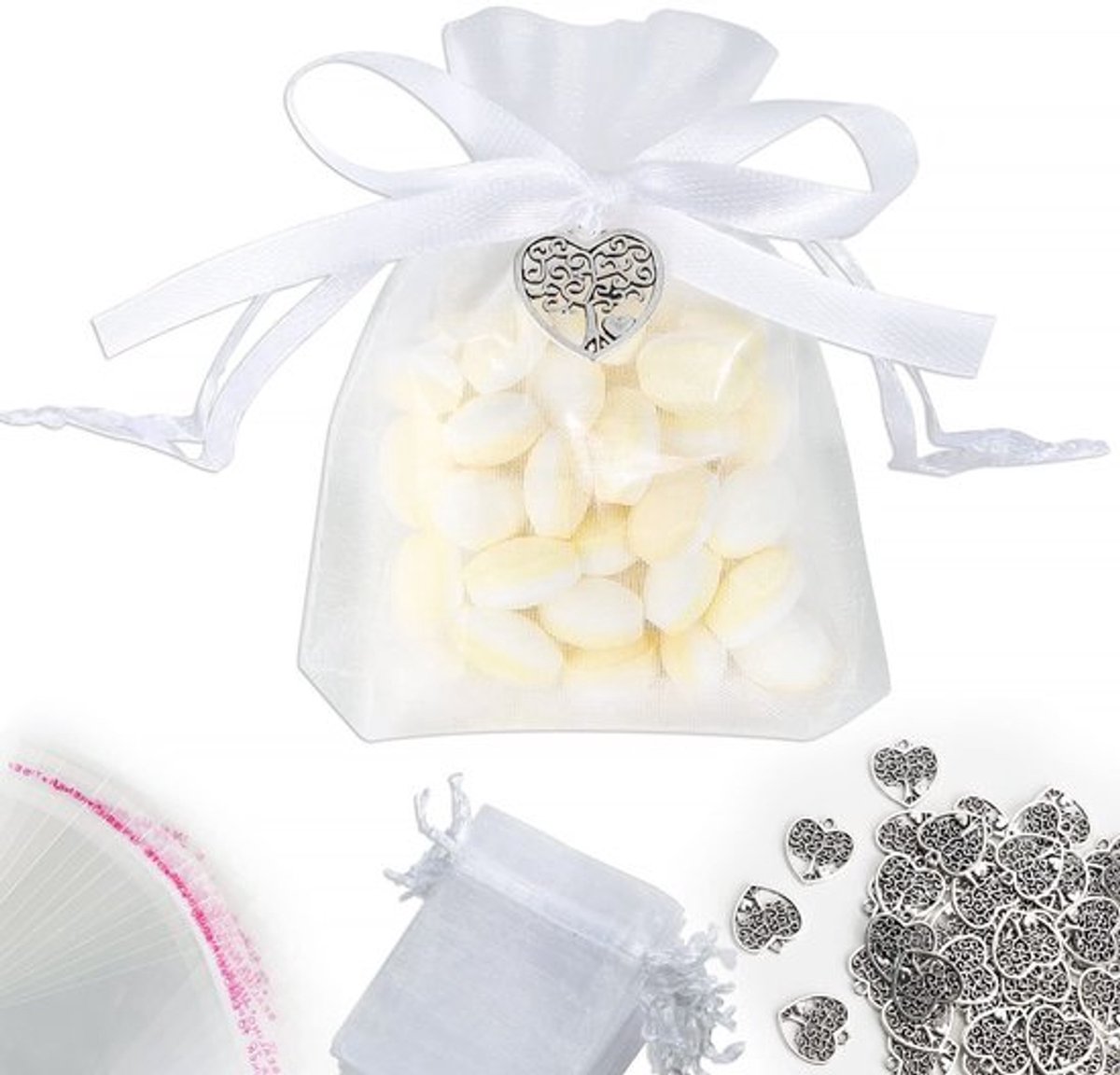 Dailygoody - Levensboomhangers - Gastgeschenken - Witte organzazakjes