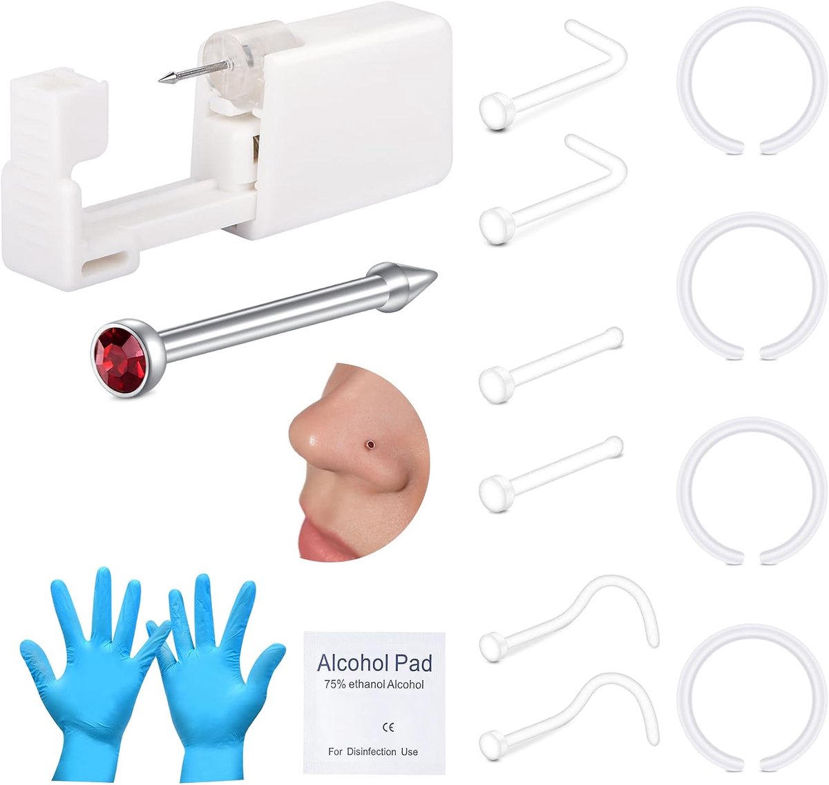 Neuspiercingset, piercingpistool, ingebouwde verscheidenheid aan neusstekers, pijnloze zelfpiercingset met 20G doorzichtige neuspiercingpistool, wegwerppiercingpistool voor thuis neuspiercing