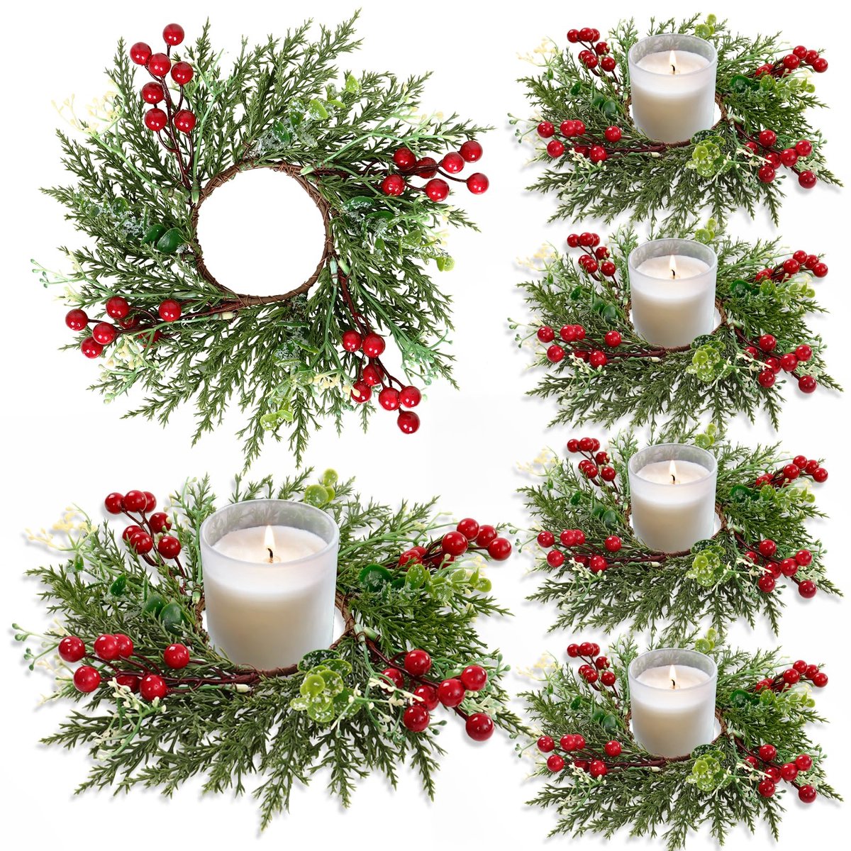 Kaarsenringen 27 cm Kunstmatige Rode Bessen Krans met Snoeien Dennennaalden Kaarsenring voor Zuilen Rustieke Kerst Tafel Kernstuk Huisdeur Decoratie