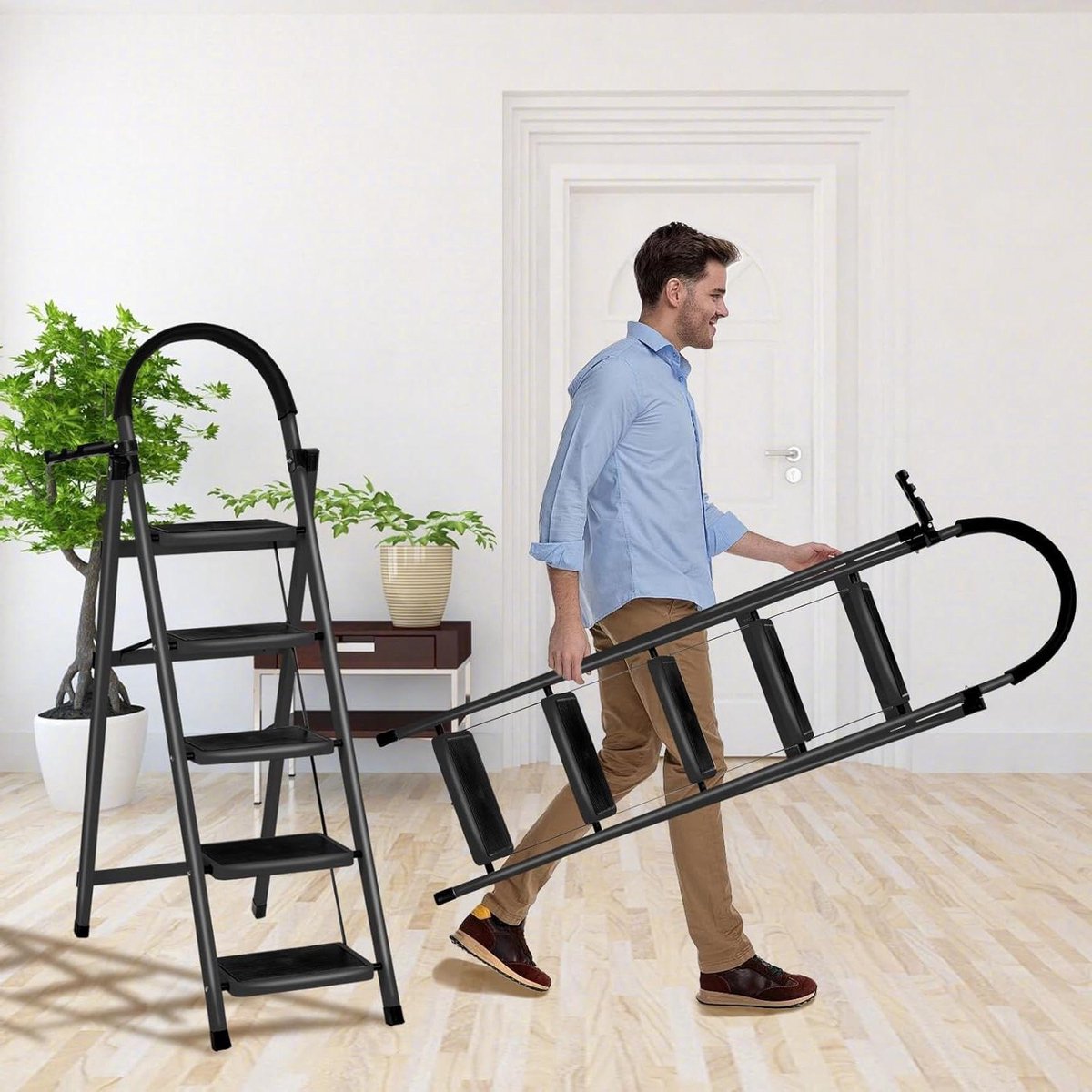 Vouwladder 5 treden - Opvouwbare trap Keukenladder - Klusjes op hoogte - Antislipvoeten - 180 kg - Zwart
