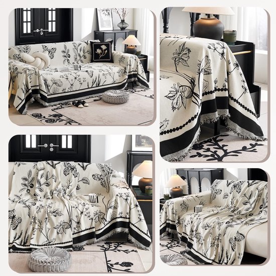 Gooien, Chenille Bankgooien met Kwastjes, Multifunctionele Deken, Jacquard Gestreepte Spreien voor Bank, Fauteuil Bedden 180 * 180cm - Zwart — afbeelding 4