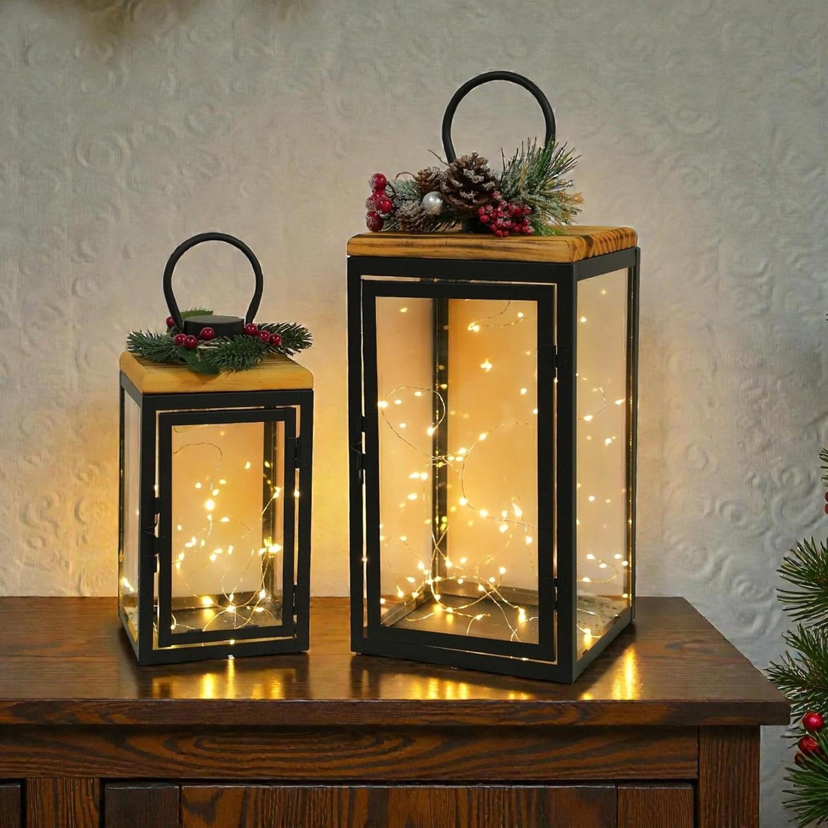 Set van 2 Decoratieve Kaarslantaarns Zwart Metaal & Hout - Vintage & Moderne Stijl voor Binnen en Buiten