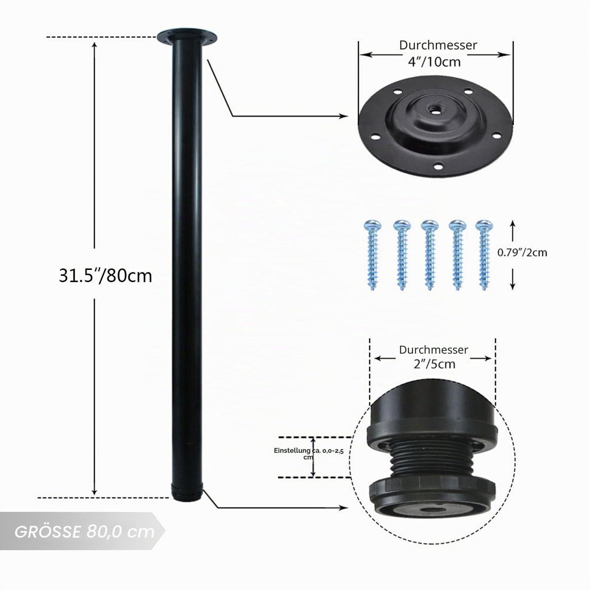 Tafelpoten 80cm/31,5 inch verstelbare metalen bureaupoten, 4 stuks meubelpoten, doe-het-zelf kantoortafelpoot (80 cm, zwart)