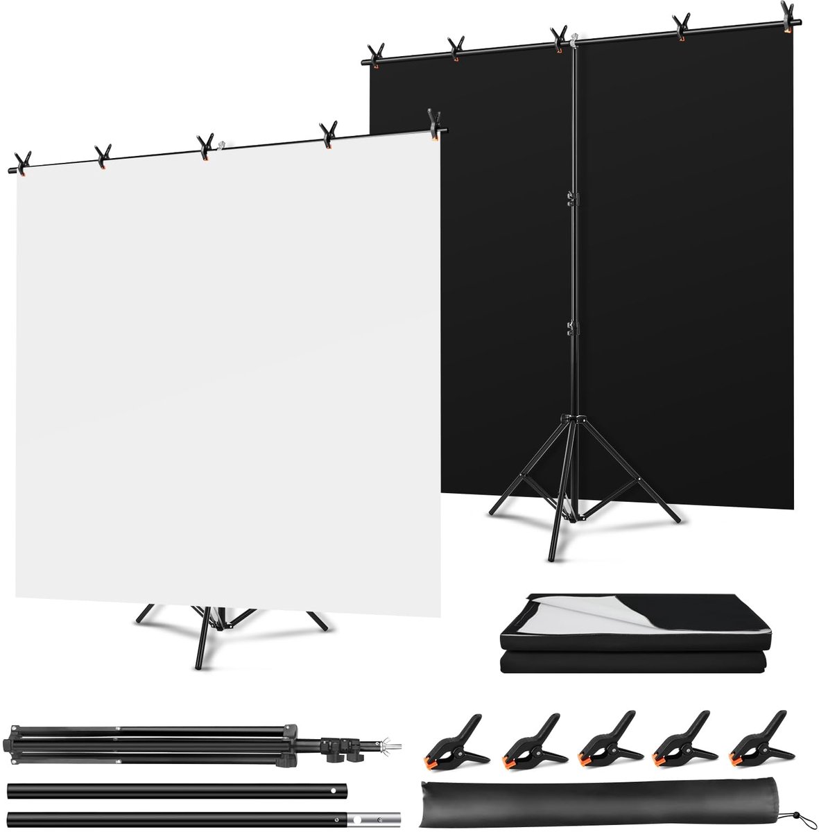 Set met Statief, 2-in-1 Wendbare Zwart-Wit Achtergrond 150 × 200 cm, T-Statief met 5 Klemmen voor Fotografie, Feest & Decoratie