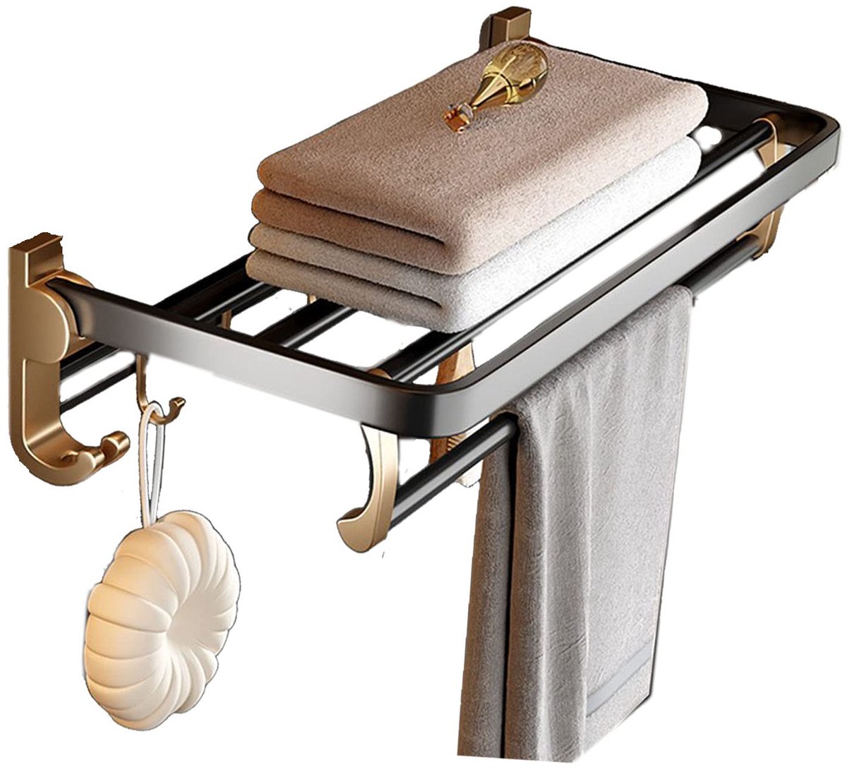 Handdoekrek Handdoekhouders voor de badkamer, opvouwbare badkamerplank met handdoekstanghaken, multifunctionele dubbele handdoekstangen Hotelstijl muurbevestiging wisdom