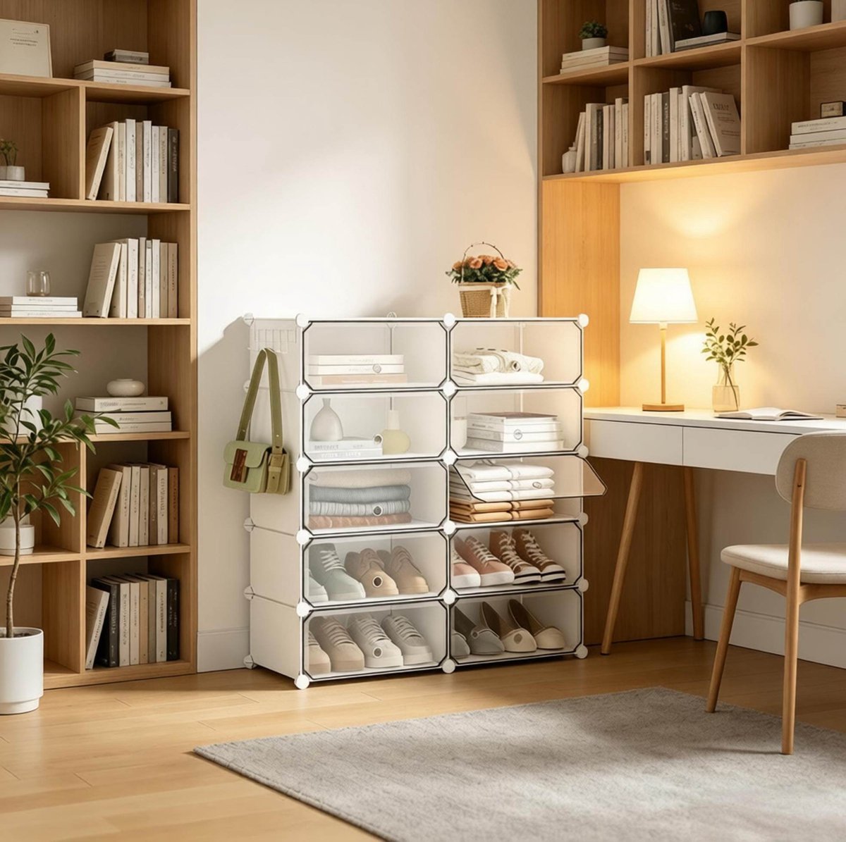 MIVRAY Schoenenkast - Modulair Opbergsysteem Met 10 Vakken En Deuren - Voor Hal En Slaapkamer - Kunststof En Metaal - 40x30x170 Cm - Wit