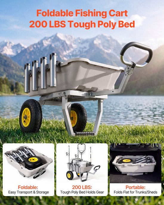 Opvouwbare viskar - Transportkar voor vissen - Draagvermogen 90,7 kg - 2 All-terrain Rubberbanden - Aluminium Frame - 8 Hengelhouders - Voor Strand en Kamperen — afbeelding 5