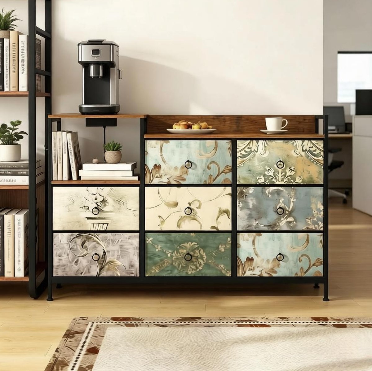 MIVRAY Dressoir - Vintage Opbergkast Met 8 Lades En Oplaadpunt - Voor Hal Woonkamer En Slaapkamer - Hout Metaal Stof - 132x88x29 Cm