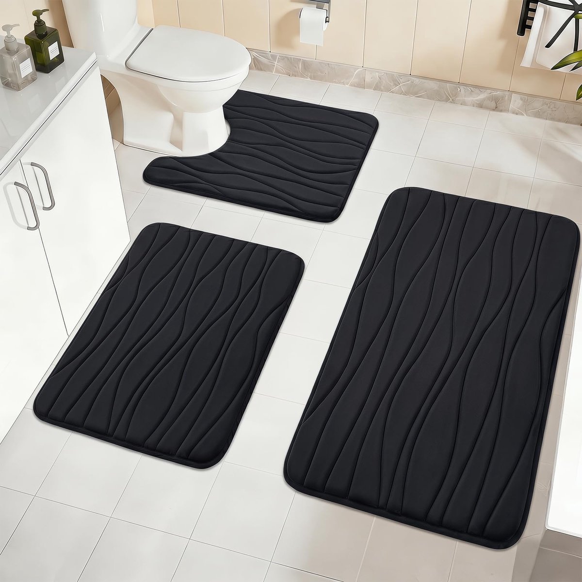 Badkamertapijt, set van 3, zacht, traagschuim, badmat, antislip, wasbaar, waterabsorberend en U-vorm, voor douche, toilet en bad (zwart)