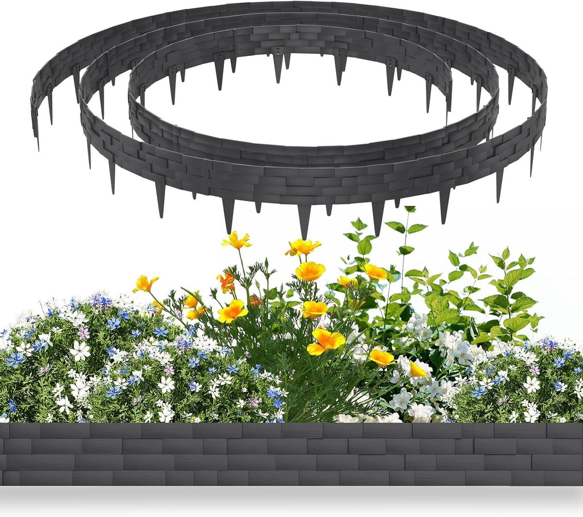 Gazonrand Kunststof - Bloembedranding Hek - Tuin Afscheiden - Imitatie Steen Design - 10 meter - Antraciet