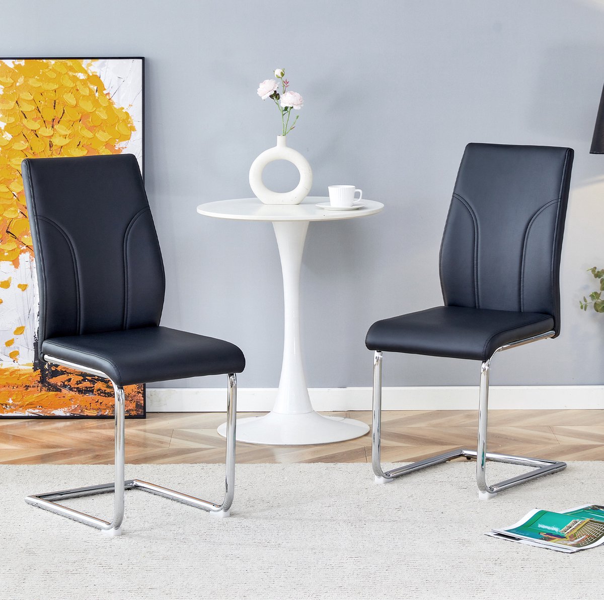 DESMIU Eetkamerstoel 40 x 40,6 x 95 cm - Set Van 2 Met Gestoffeerde Zitting En Hoge Rugleuning - Voor Eetkamer En Kantoor - Kunstleer Metaal - Zwart Zilver