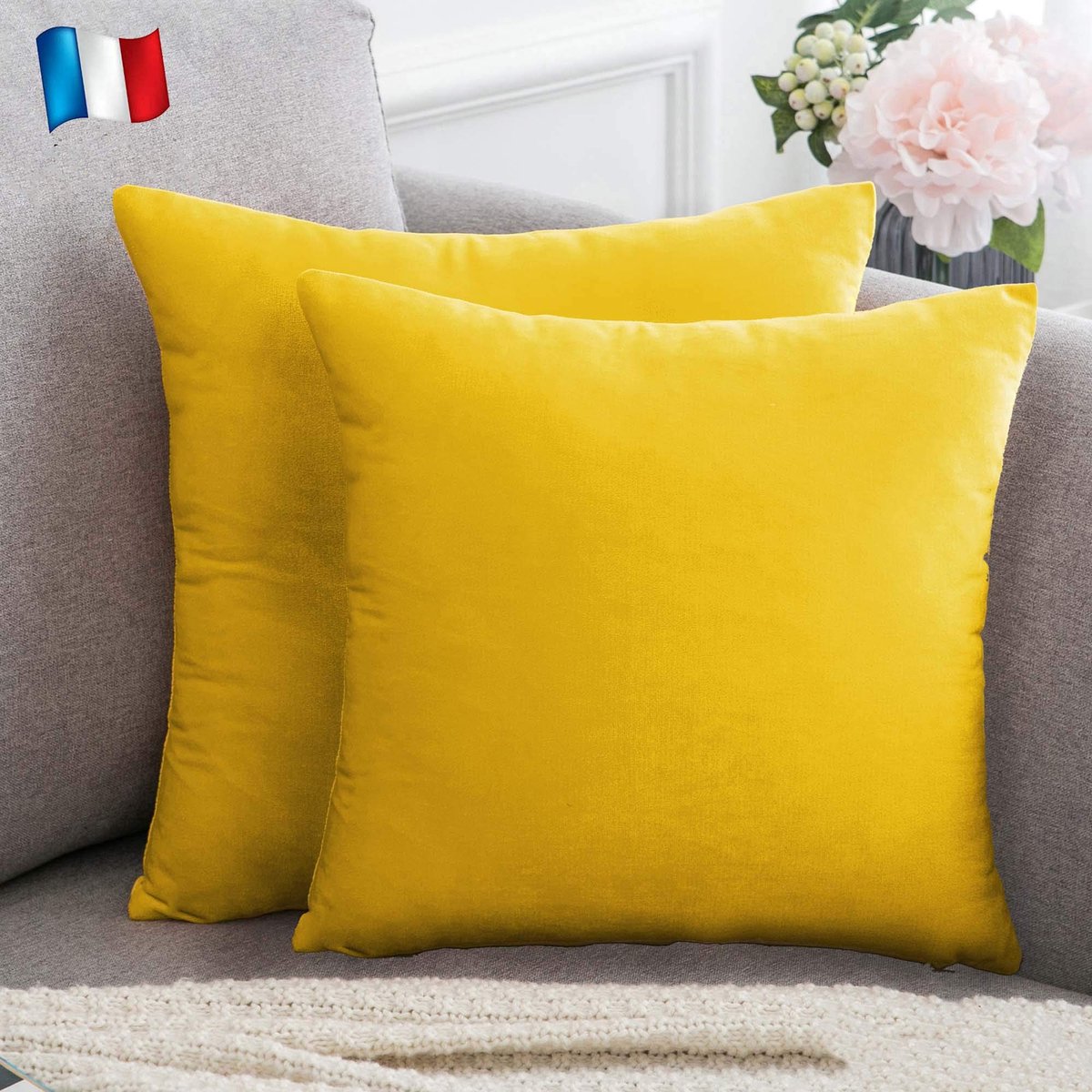 Set van 2 fluwelen kussenhoezen 40x40 Geel zachte en solide, vierkante decoratieve kussensloop voor sofa slaapkamer woonkamer (2 Geel)