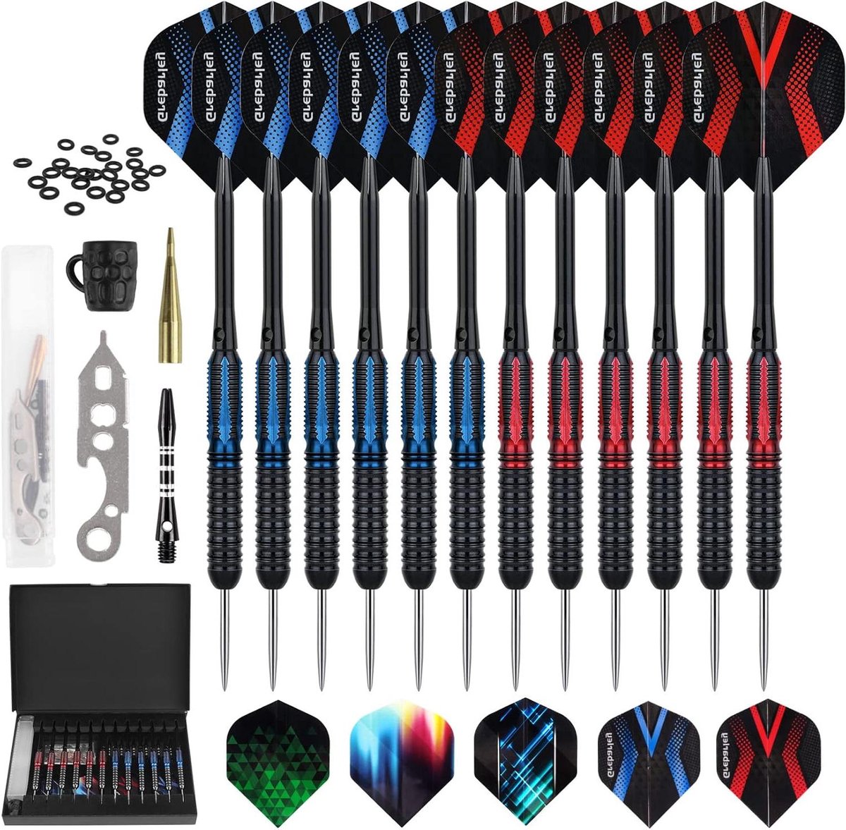 Stalen Dartpijlen Set - Professionele Darts - Precisie Werpen - Variabele Gewichten - 6x 20g & 6x 22g - Rood Blauw