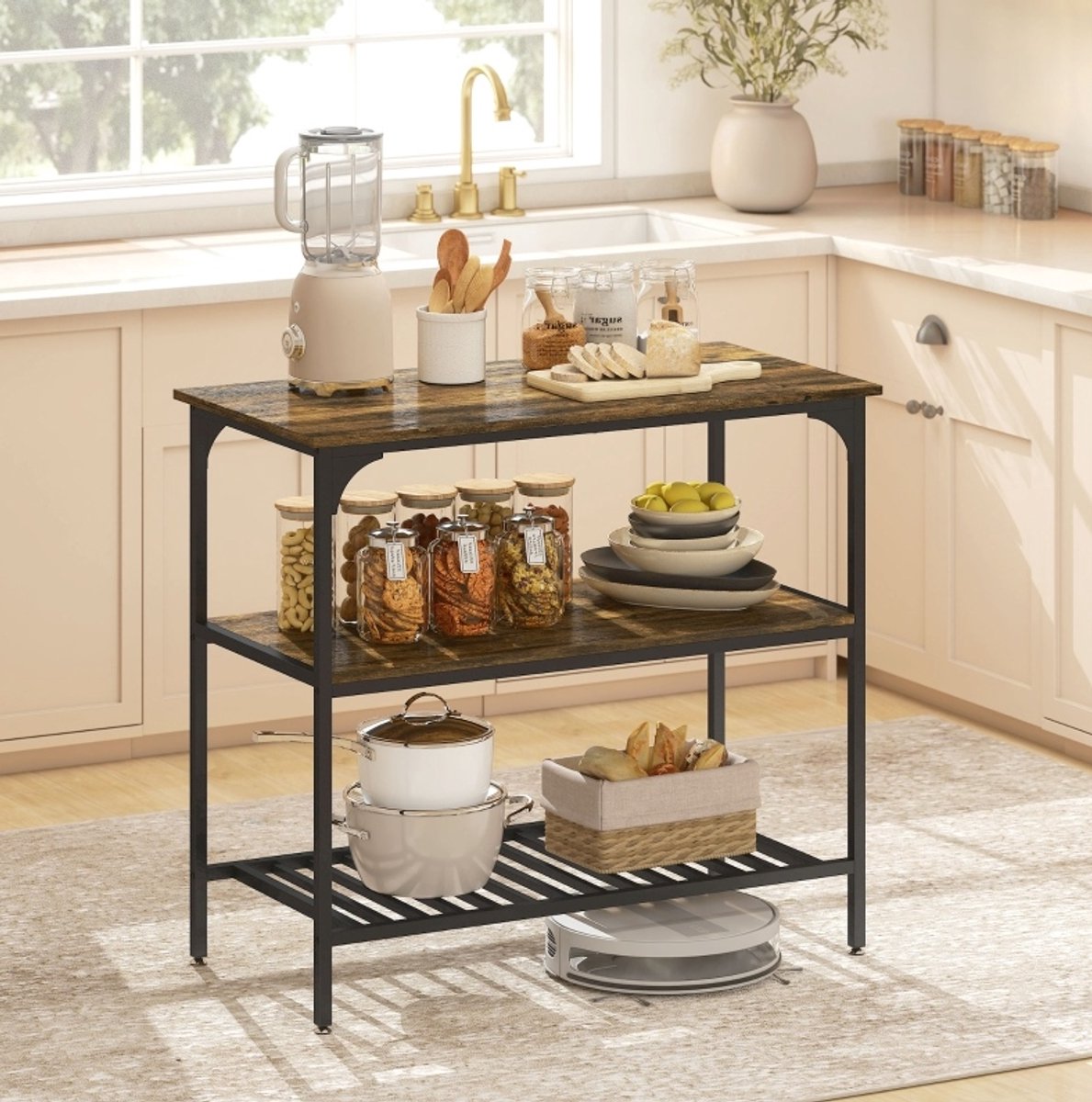 Bakkerskast – 100 X 50 X 90 Cm – Stevig Stalen Frame – Rustiek Bruin Zwart – Open Keukenrek Voor Koffiehoek En Opbergruimte
