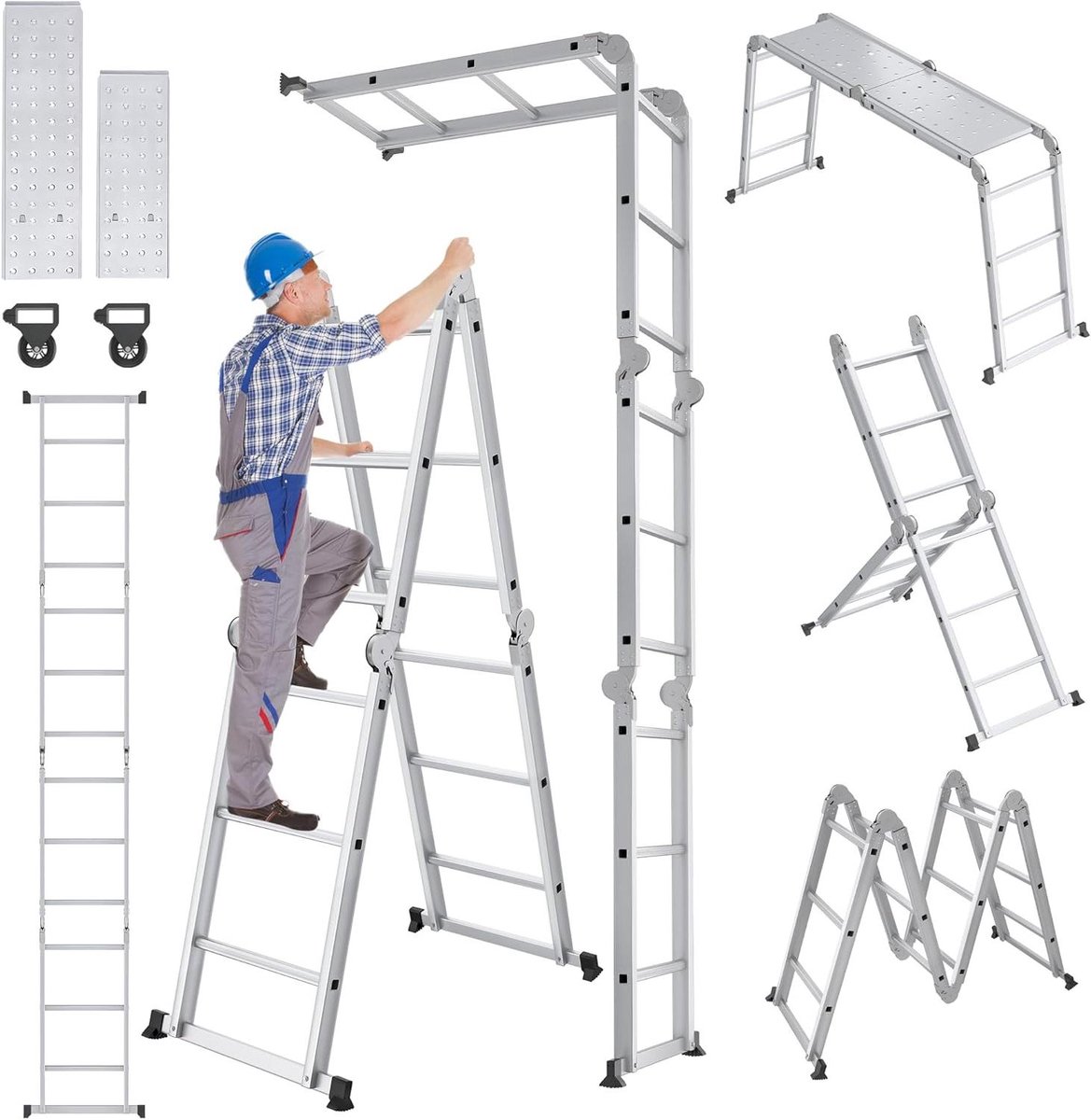 Multifunctionele ladder - Klapladder steiger - Veilig klussen thuis - Antislip voeten - 34 meter - Zilver